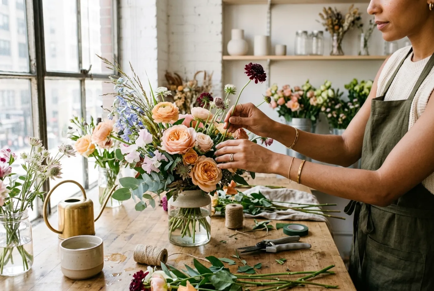 Florist arranging flowers at the Rainmeter studio in SoHo, New York